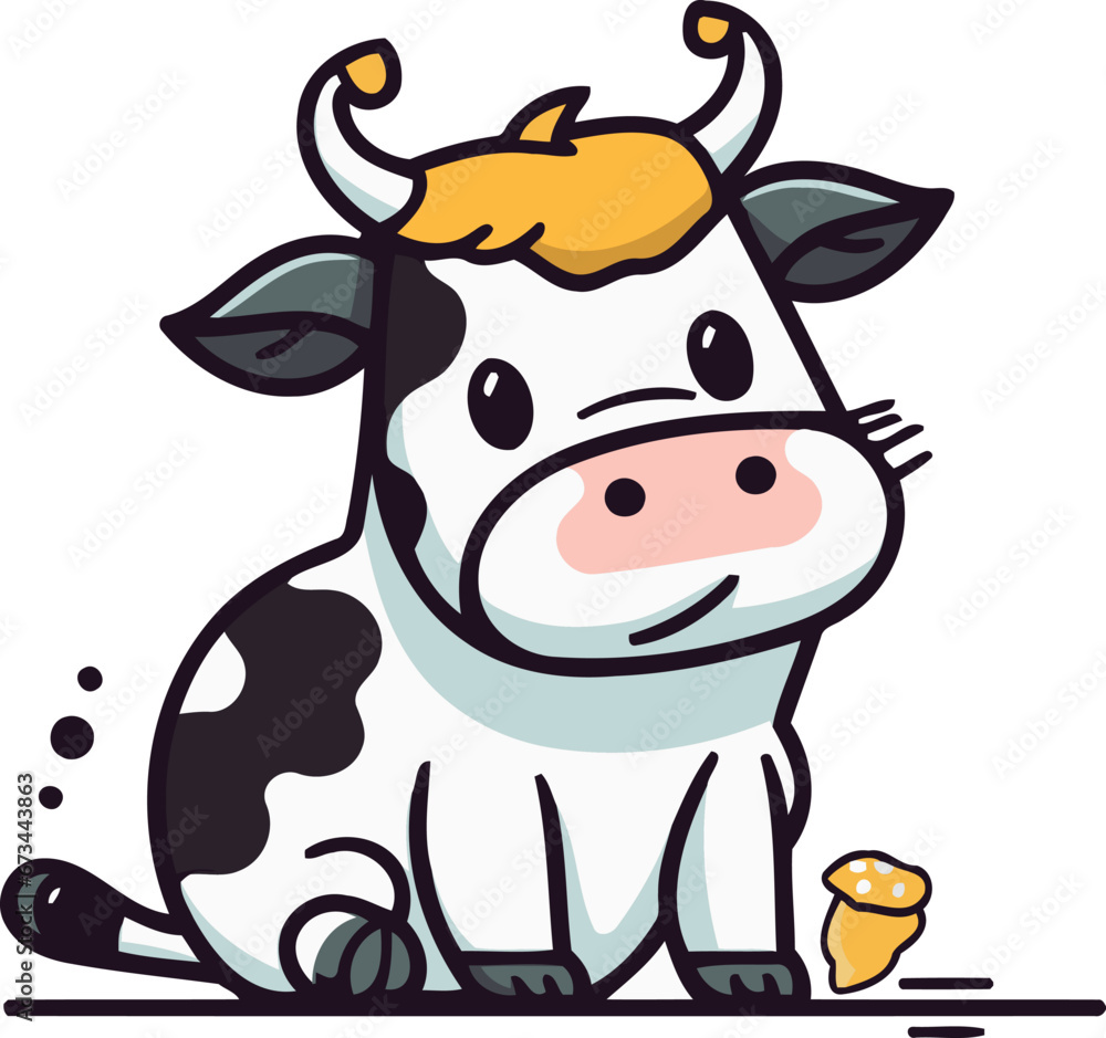 Cute cartoon cow with acorn. Farm animal. Vector illustration.
