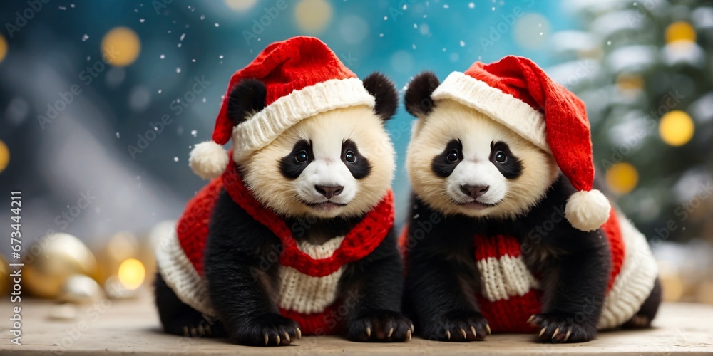Two Panda bears dressed in Christmas hats and sweaters are hugging on a Christmas background. Holiday Concept. Digital painting illustration. Generative AI Two Panda bears dressed in Christmas hats and sweaters are hugging on a Christmas background. Holiday Concept. Digital painting illustration. Generative AI