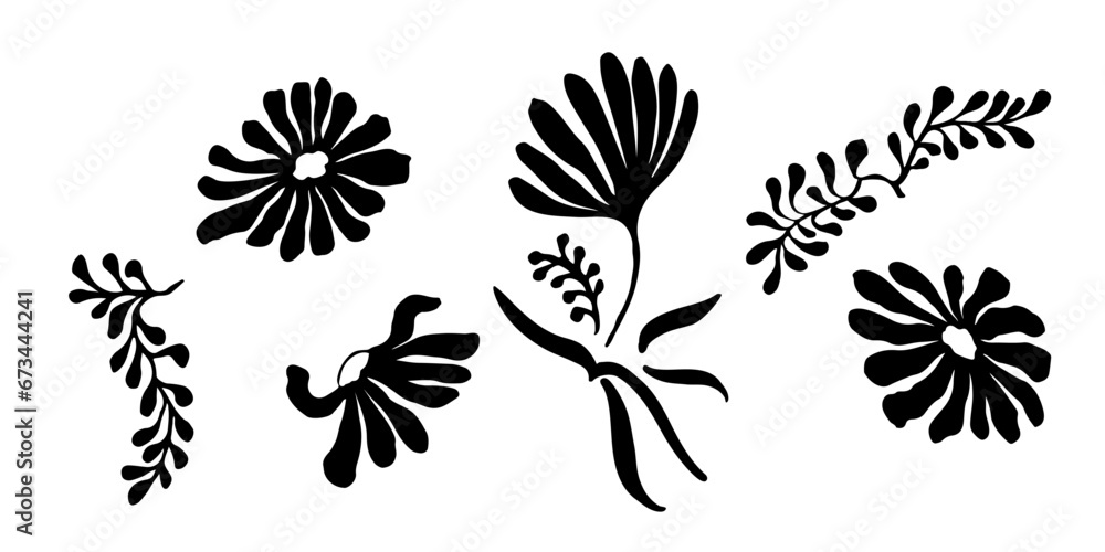 Set of botanical elements for pattern. black white modern drawings of various flowers, branches. Hand drawn ink sketches. Vector illustration isolated on white background.