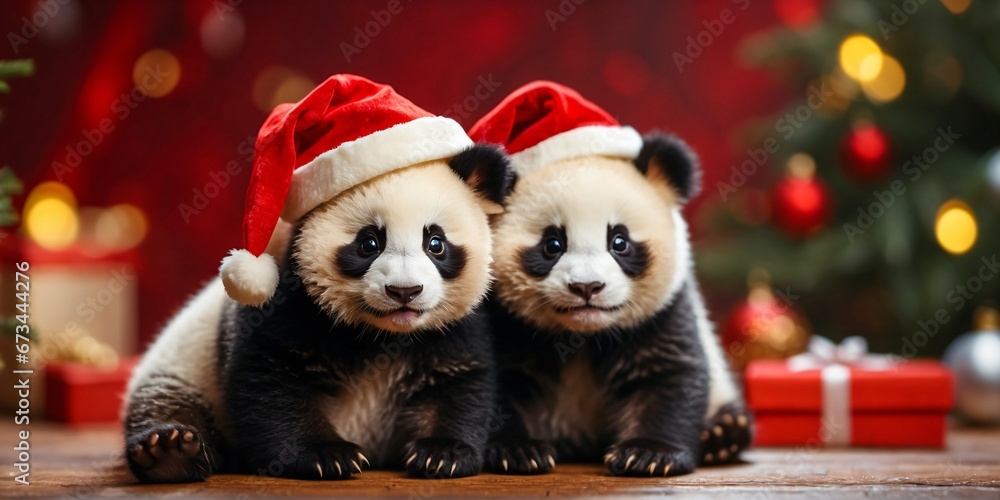 Two cute Panda bears pose in Christmas Santa hats on a Christmas red background. Holiday Concept. Digital painting illustration. Generative AI Two cute Panda bears pose in Christmas Santa hats on a Christmas red background. Holiday Concept. Digital painting illustration. Generative AI
