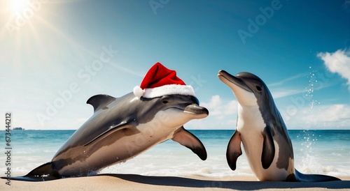 Two dolphins pose on a tropical beach wearing a red Christmas Santa hat. Holiday Concept. Digital painting illustration. Generative AI