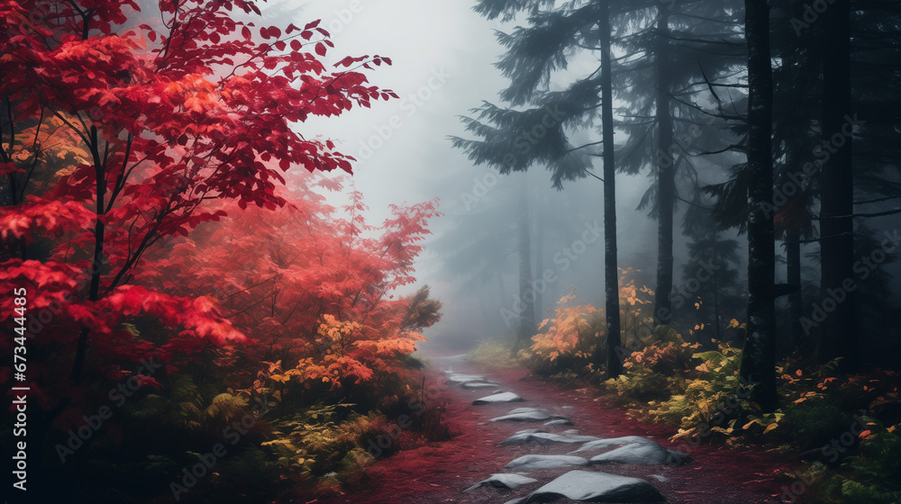 A Trail in a Foggy Forest with a Carpet of Red Leaves.
