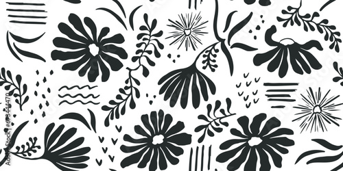 Seamless botanical pattern black white modern collage of designs of various flowers, branches, stripes, teals, strokes. Hand drawn ink sketches. Vector illustration isolated on white background.