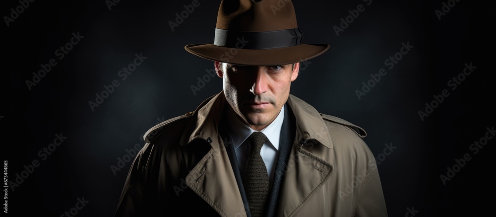 A person wearing the attire of an investigator resembling a private detective within the confines of a photographic space - obrazy, fototapety, plakaty 