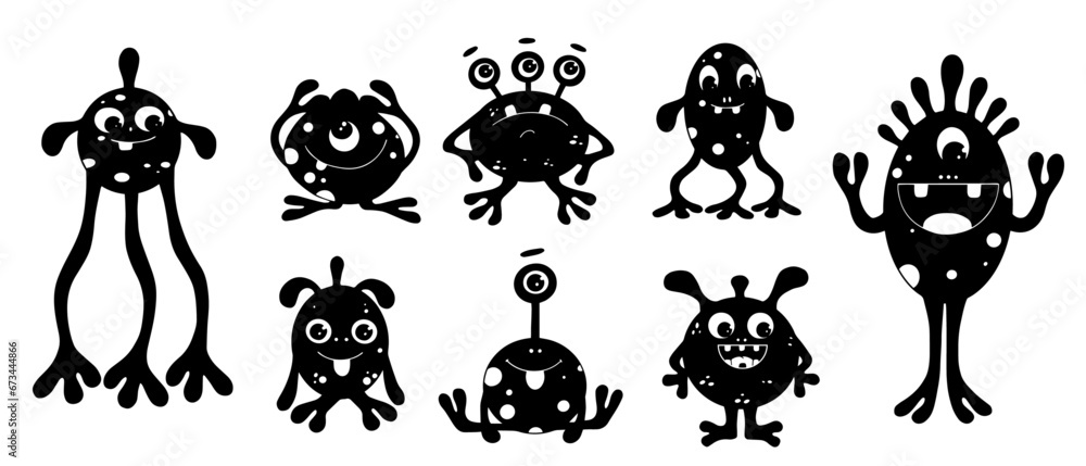 Fototapeta premium Set of silhouettes of small funny monsters.Vector graphics.