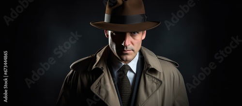 A person wearing the attire of an investigator resembling a private detective within the confines of a photographic space photo