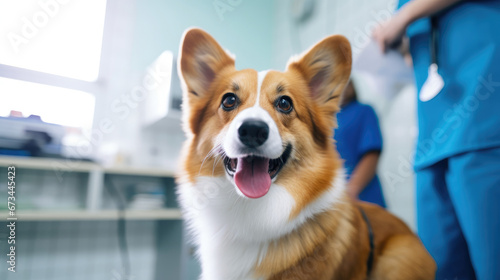 Photo of a corgi dog in a veterinary clinic