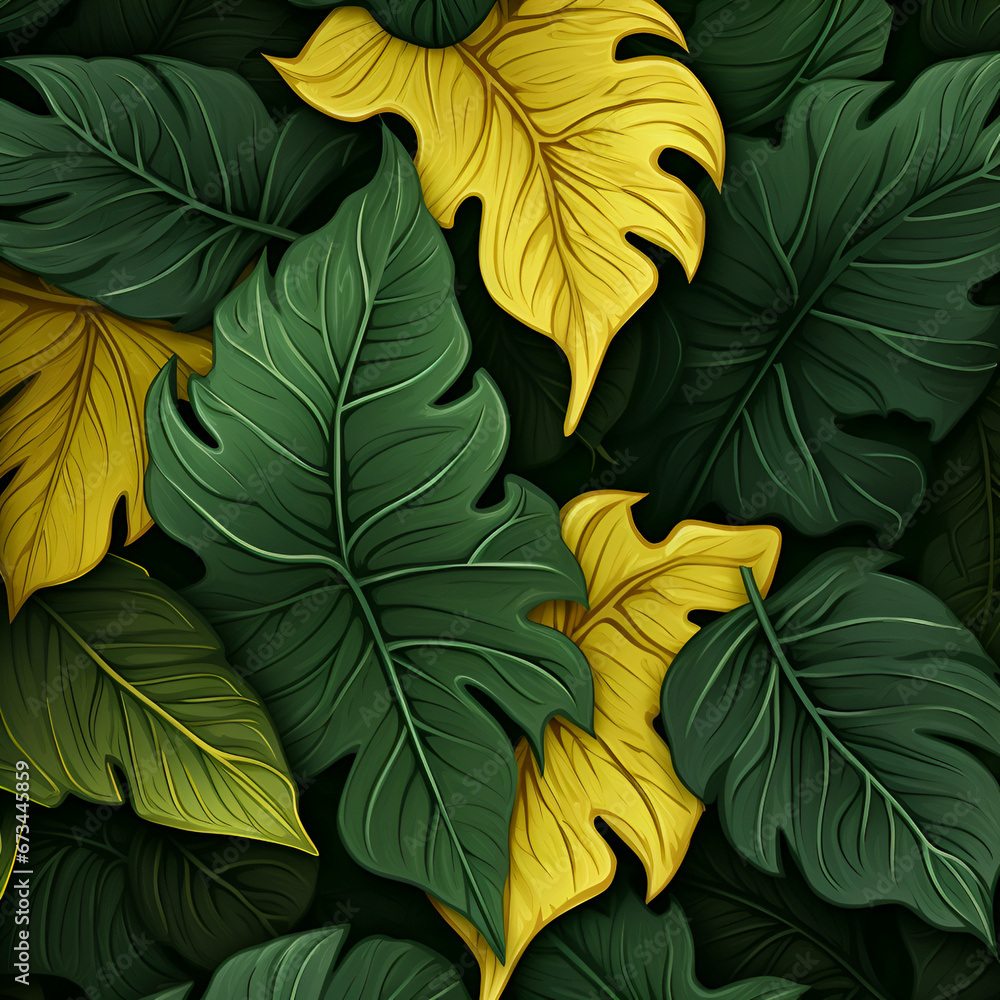 Fototapeta premium Seamless dark green and yellow leaves abstract textures pattern background