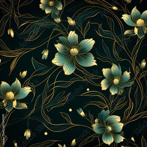 Seamless abstract pattern with golden flowers on dark background