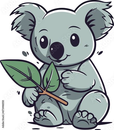 Cute cartoon koala holding a green leaf. Vector illustration.