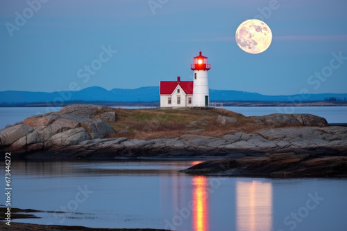 Full moon over lighthouse with reflection on water at dusk, serene seascape, clear night sky