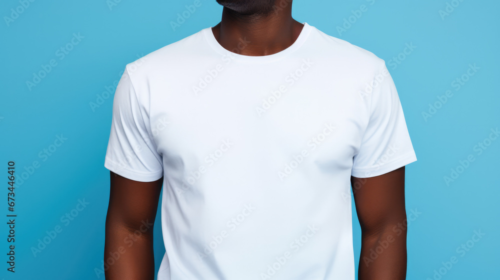 Stylish African American man in white t-shirt, profile view, fashion model, vibrant blue background, mock-up Stylish African American man in white t-shirt, profile view, fashion model, vibrant blue background, mock-up