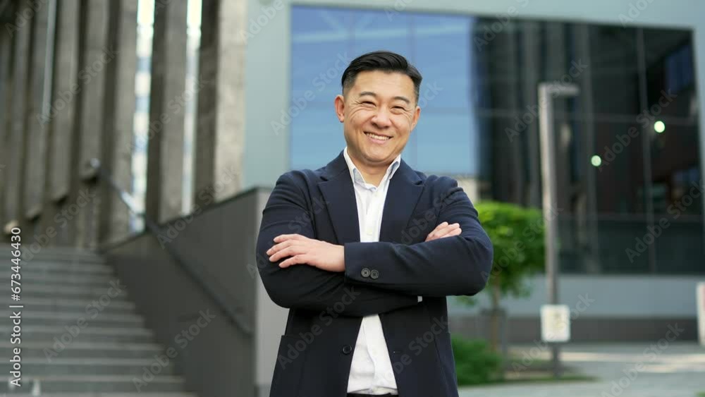Portrait of a happy asian businessman in formal suit standing on the street near office building. Smiling friendly male entrepreneur posing with crossed arms looking at camera. Head shot of the owner Portrait of a happy asian businessman in formal suit standing on the street near office building. Smiling friendly male entrepreneur posing with crossed arms looking at camera. Head shot of the owner
