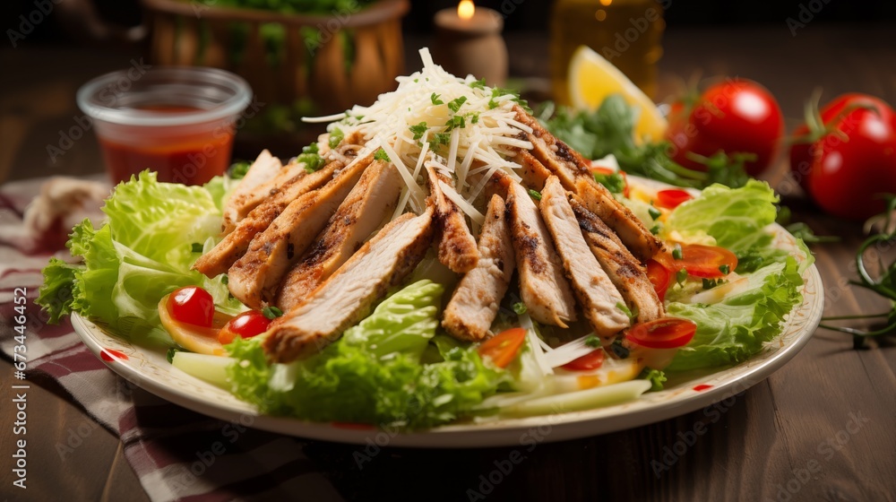 Grilled Chicken Caesar Salad with Gourmet Cheese and Crispy Croutons on a rustic wooden table