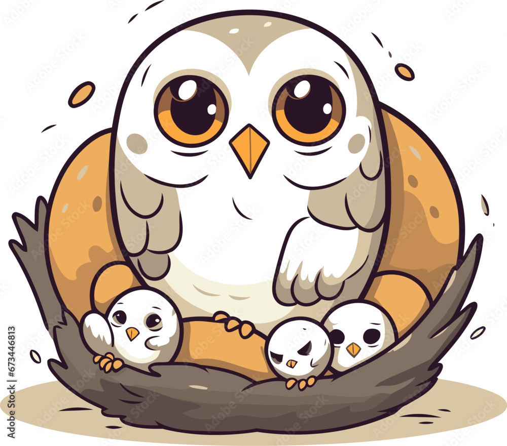 Obraz premium Owl family in the nest. Cute cartoon vector illustration.