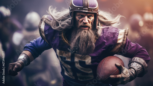 Viking warrior in costume playing American football, intense action shot, fantasy sports concept photo