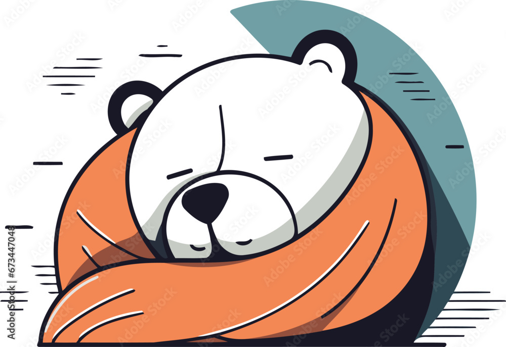 Polar bear sleeping in orange scarf. Cute cartoon character. Vector illustration.