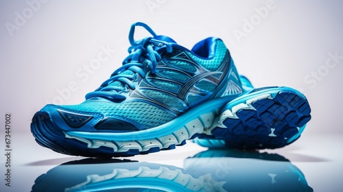 A close-up, ultra HD image of a pair of blue running sneakers