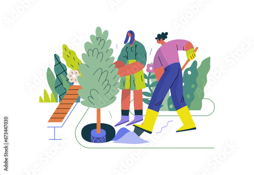 Mutual Support: Community yard improvement -modern flat vector concept illustration of people planting trees and plants A metaphor of voluntary, collaborative exchanges of resource, services