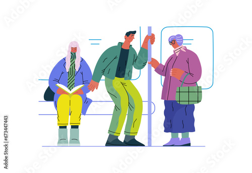 Mutual Support Giving up seat in public transport -modern flat vector concept illustration of man offering his seat to elderly woman on bus A metaphor of voluntary, collaborative exchanges of services