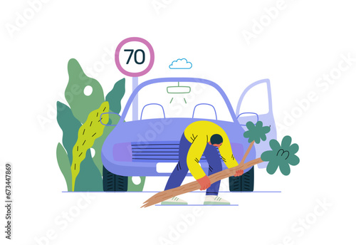 Mutual Support: Clearing an obstacle from the way -modern flat vector concept illustration of a man removing a fallen branch from the road A metaphor of voluntary, collaborative exchanges of services