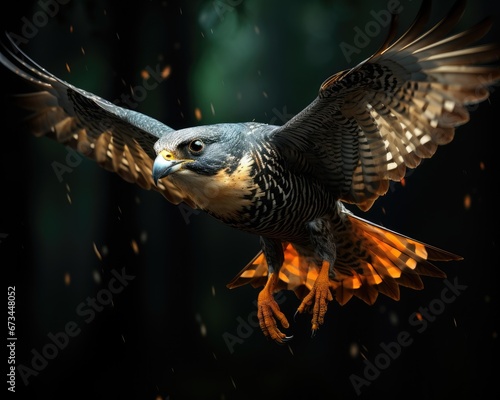 Peregrine falcon in flight with fiery feathers