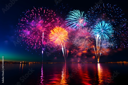 A stunning fireworks display takes place in the night sky, with explosions reflecting in the lake. 