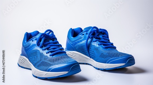 A high-resolution image of a pair of vibrant blue running sneakers, isolated on a crisp white background. The detailed texture of the shoes is captured in stunning