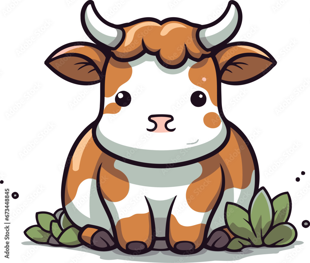 Cute cartoon cow sitting on grass. Vector illustration isolated on white background. Cute cartoon cow sitting on grass. Vector illustration isolated on white background.