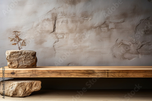 A wooden table podium for luxury product sitting on top of a hard wood floor on stone wall background.