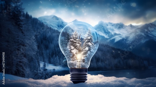 Light bulb in a winter forest representing an energysaving concept for winter photo
