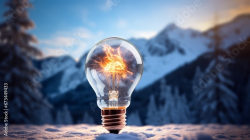 Light bulb in a winter forest representing an energysaving concept for winter photo