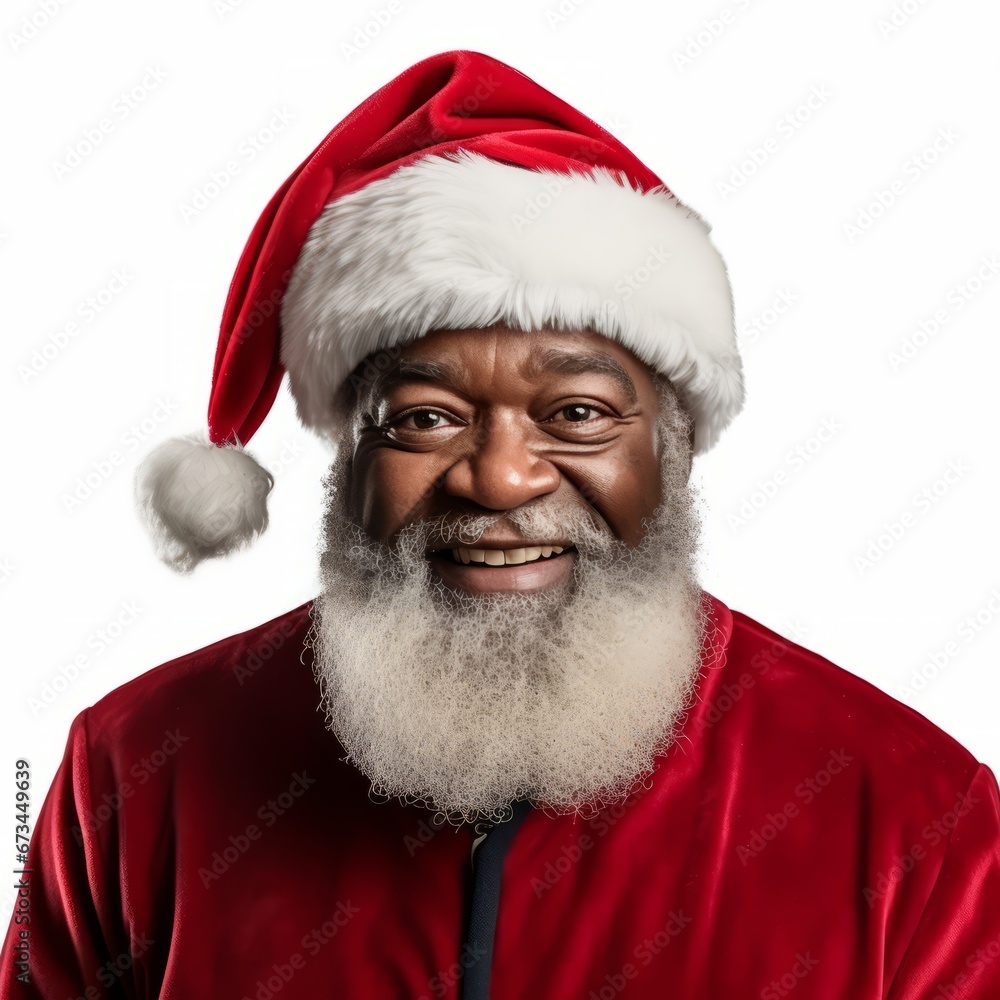 Naklejka premium Portrait of a Afro american Santa claus on white background