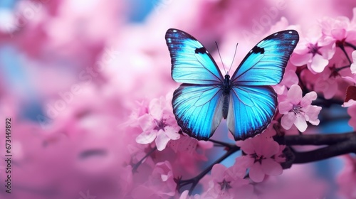 Beautiful blue butterfly perched on vibrant pink flowers background