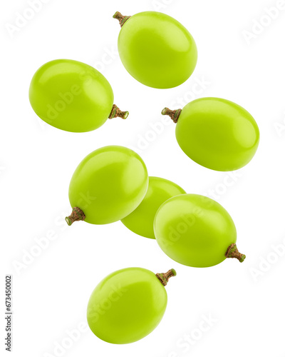 Falling green Grape, isolated on white background, full depth of field
