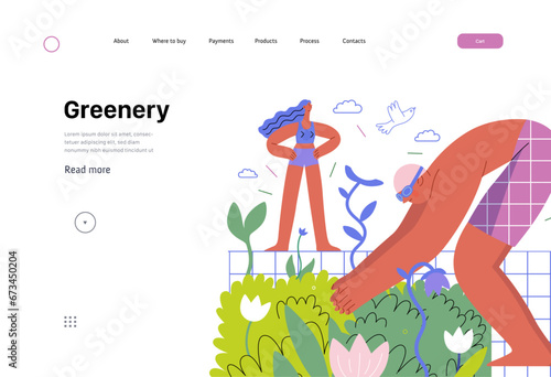 Greenery, ecology -modern flat vector concept illustration of people around the swimming pool of plants and flowers. Metaphor of environmental sustainability and protection, closeness to nature