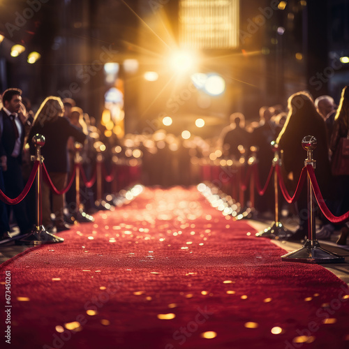 Red carpet rolling out in front of glamorous movie premiere with paparazzi in the background photo
