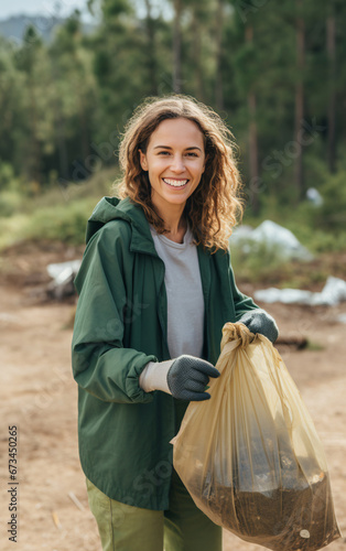 Portrait of a female volunteer cleaning up trash to protect nature and the environment from pollution, strong woman concept