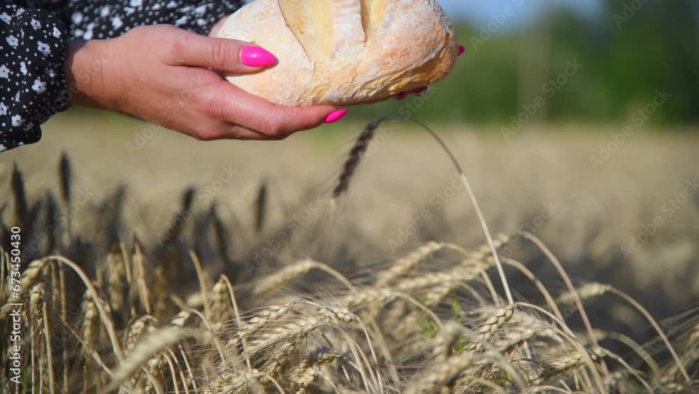 Close-up view of female hands with pink manicure holding loaf of bread next to ripe ears of wheat on agricultural field in a summer sunny day. Soft focus. Food industry theme. Close-up view of female hands with pink manicure holding loaf of bread next to ripe ears of wheat on agricultural field in a summer sunny day. Soft focus. Food industry theme.