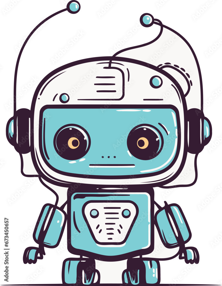Cute little robot with headphones. Vector illustration in cartoon style. Cute little robot with headphones. Vector illustration in cartoon style.