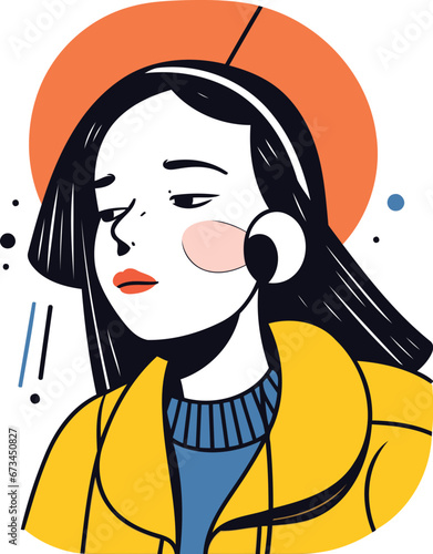 Vector illustration of a girl in a yellow coat listening to music.