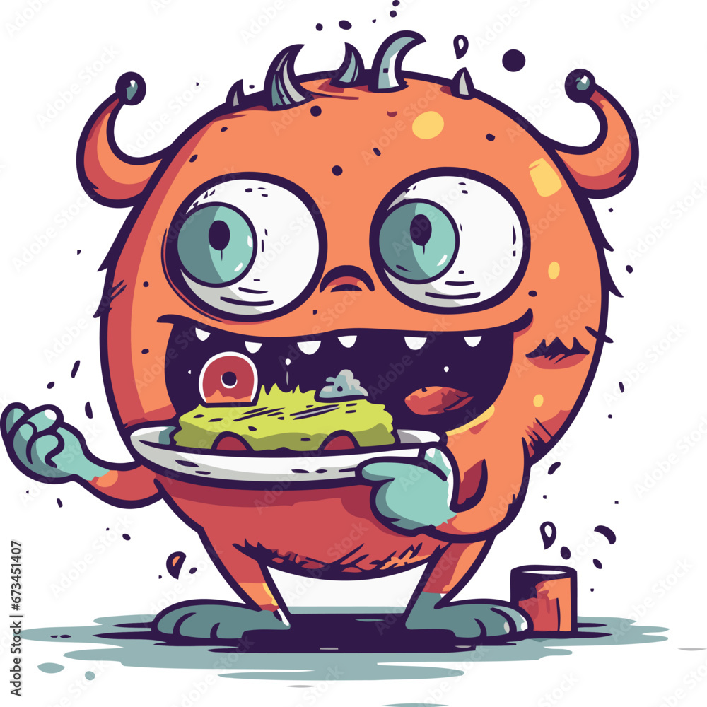 Funny cartoon monster with a plate of food. Vector illustration. Funny cartoon monster with a plate of food. Vector illustration.