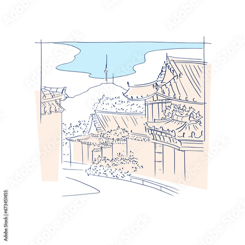 Beautiful line drawing of Seoul. South Korea. Bukchon Hanok Village. modern flat style. postcards, cover, ruler, art.