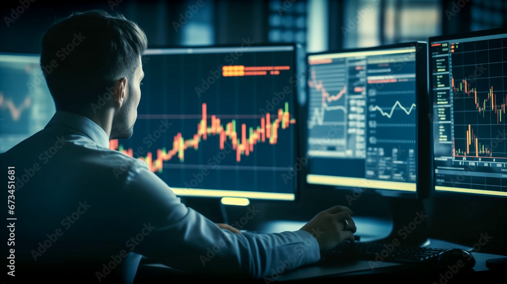 Finance trade manager analyzing stock market indicators for best investment strategy, financial data and charts. Finance trade manager analyzing stock market indicators for best investment strategy, financial data and charts.