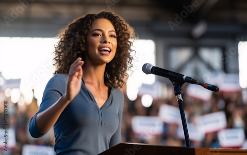 African American young strong woman speaking in public in front of a crowd of people