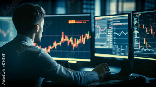 Finance trade manager analyzing stock market indicators for best investment strategy, financial data and charts.