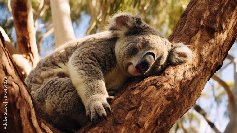 Fototapeta premium Cute Koala sleeping in the tree. Visual concept for Australia day