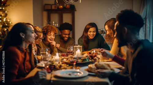 holidays  celebration and people concept. happy multi-ethnic friends having christmas dinner at home.