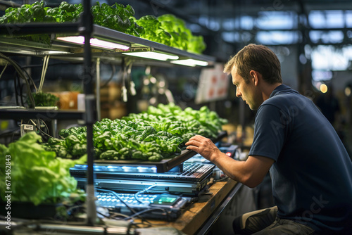 Men worker using computer in a greenhouse with lettuce and vegetables. Electronic automated growing.