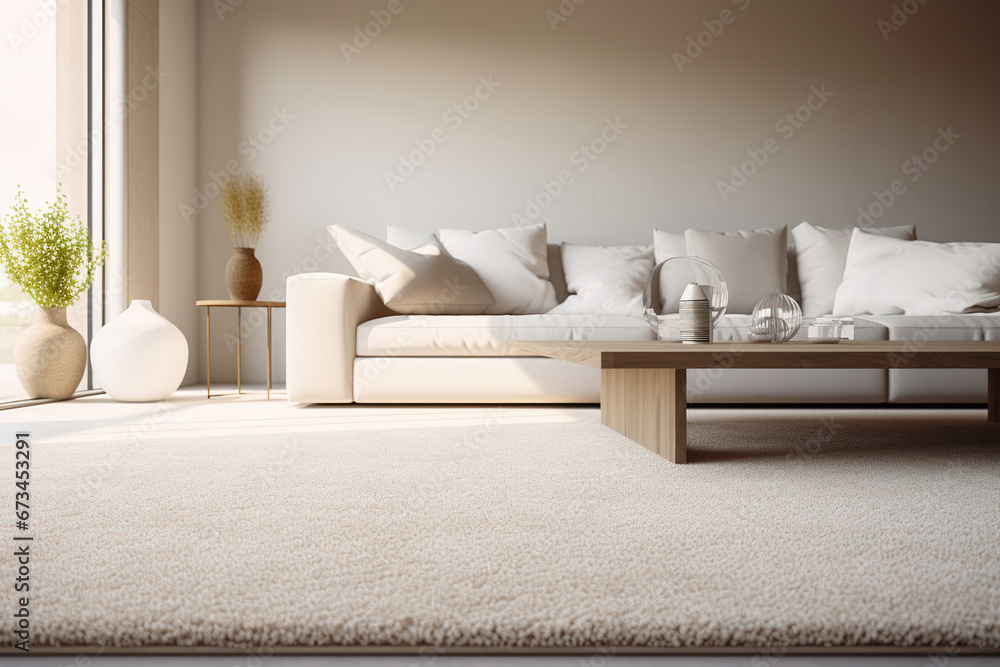 3D model rendering inteior design of modern living room with beige sofa, table and carpet - obrazy, fototapety, plakaty 